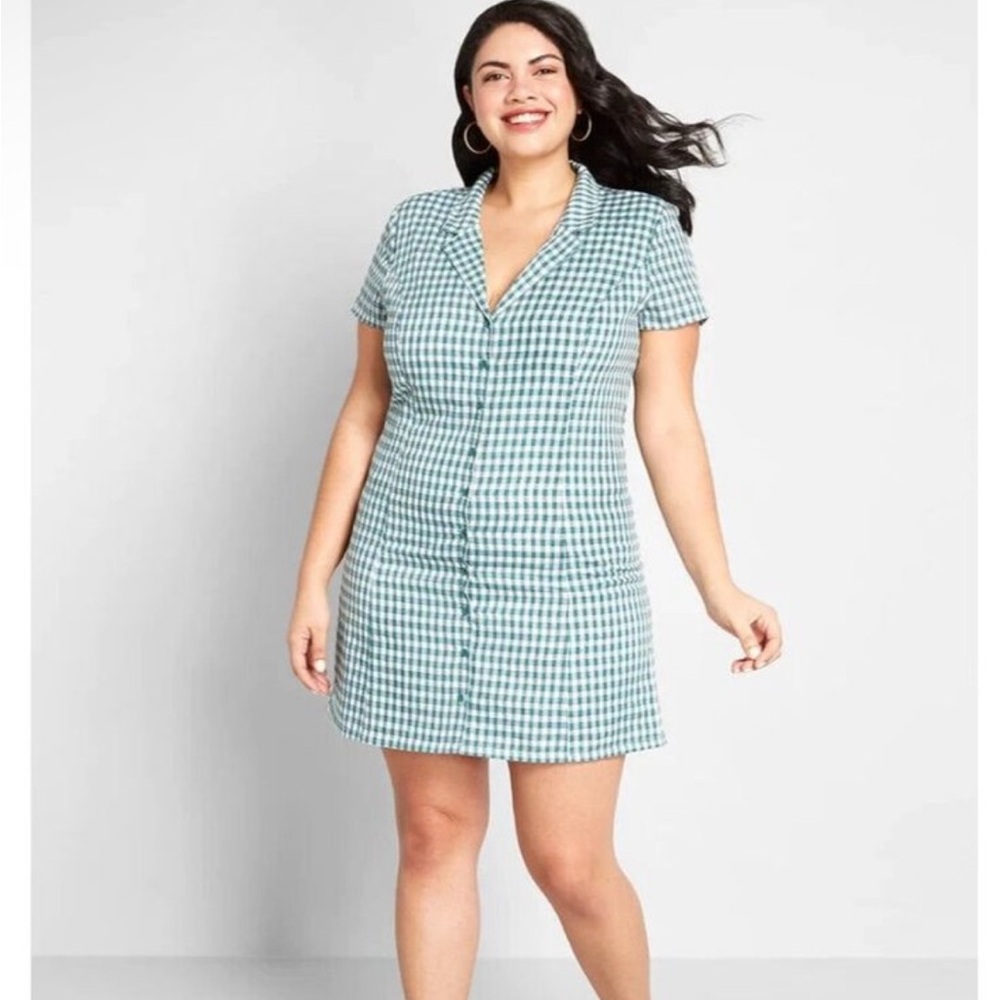 Modcloth Daytime Dynamo Green Checkered Button-Up Dress Gingham 100% Cotton